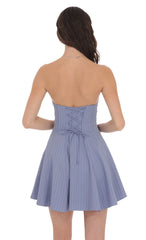 Pinstripe Corset Strapless Dress in Denim Blue