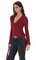 LaceTrim Wrap Top in Burgundy