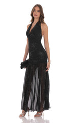 Black Rhinestone Plunge Cowl Neck Maxi Dress