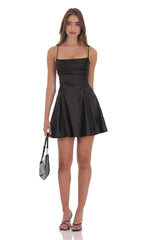 Satin Draped A-Line Dress in Black