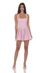 Pinstripe Halter A-line Dress in Pink