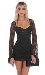 Lace Ruched Long Sleeve Dress in Black
