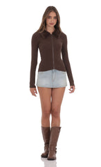 Fur Collar Zip-Up Cardigan in Brown