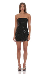 Strapless Sequin Floral Bodycon Dress in Black
