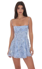 Light Blue Floral Sequin Fit-and-Flare Dress