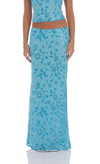 Sequin Beaded Floral Maxi Skirt in Aqua Blue