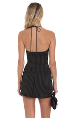 Pinstripe Halter Flyaway Top in Black