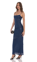 Navy Foil Mesh Bodycon Maxi Dress