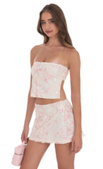 Floral Sequin Strapless Top in Cream