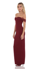 Tulle Off Shoulder Maxi Dress in Maroon