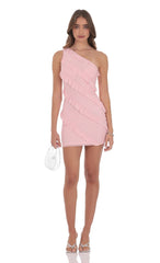 Ruffle Rhinestone One Shoulder Dress in Pink