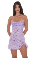 Sequin Beaded Ruffled Slit Dress in Lavender