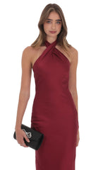 Satin Cross Halter Maxi Dress in Wine