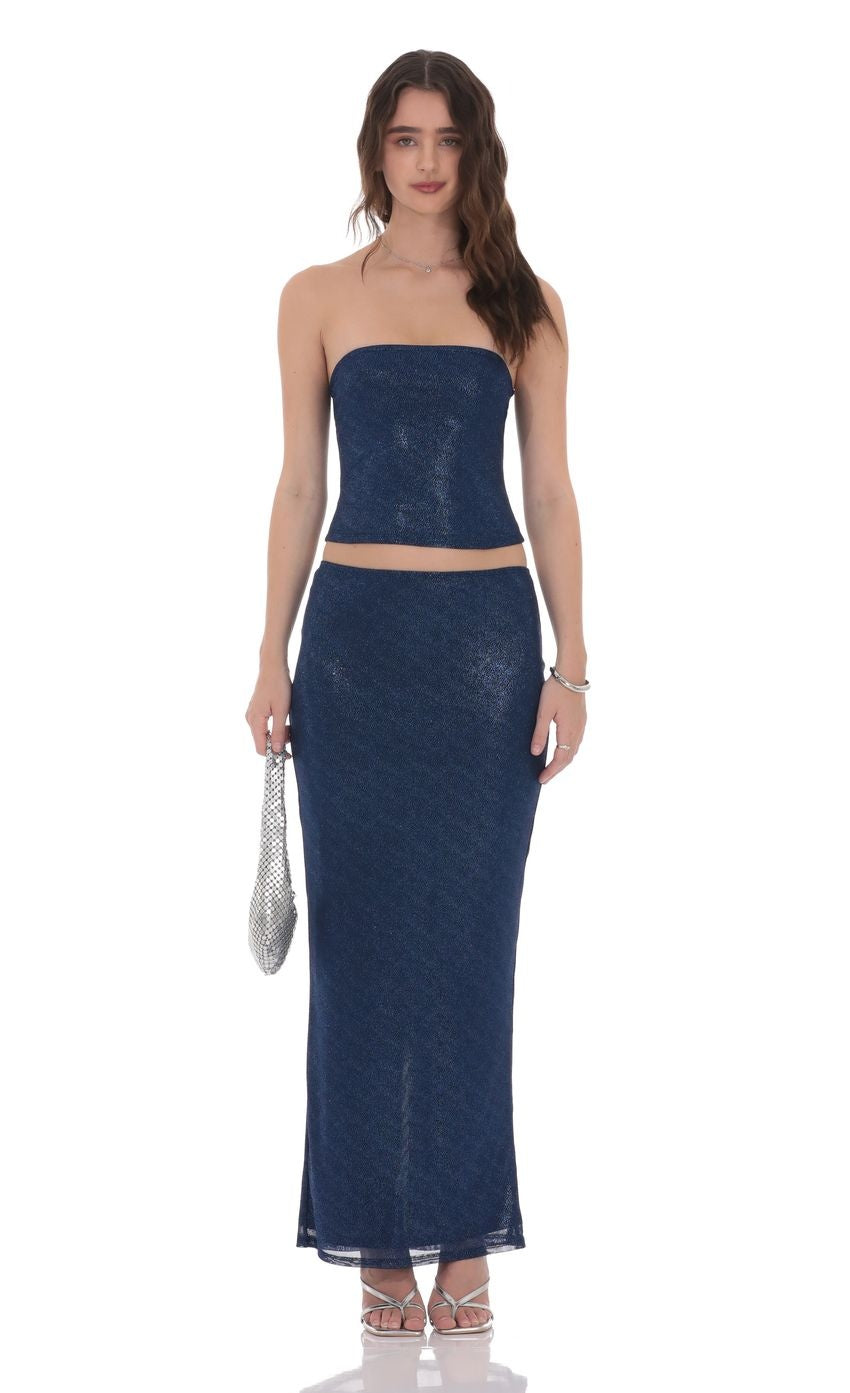 Strapless Foiled Lace Two Piece Set in Navy